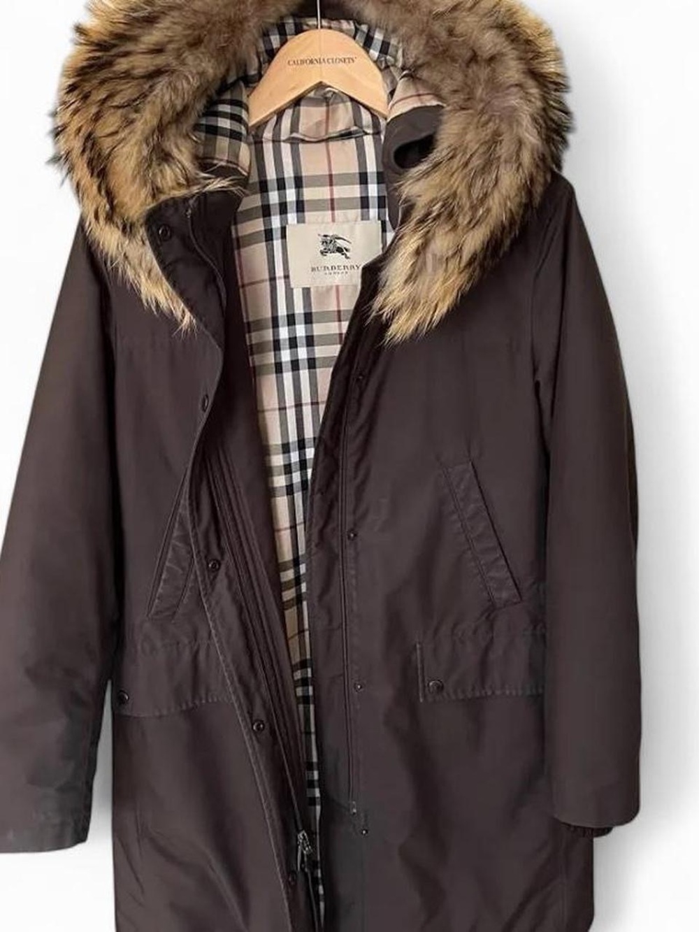 Burberry Brown Women’s Parka with Fur-Trim Hood and Signature Check Lining